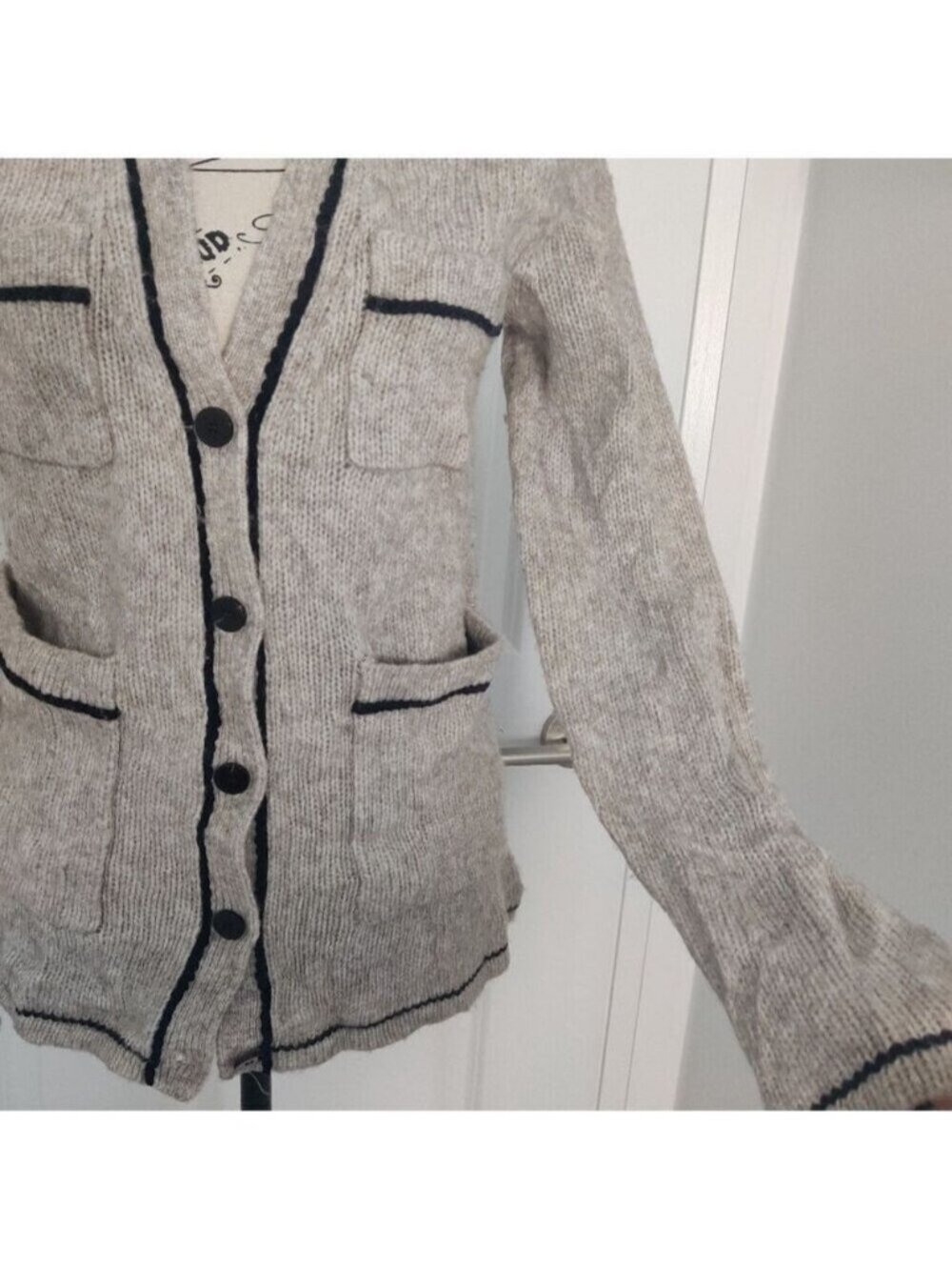 Theory Cream Wool Yak Blend Cardigan Black Trim Button Knit Sweater Small 0348 - Picture 5 of 8